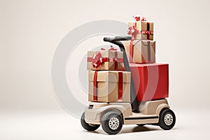 Toy car truck with gift boxes on a white background. Holydays delivery concept photo