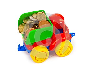 Toy car truck and money coins