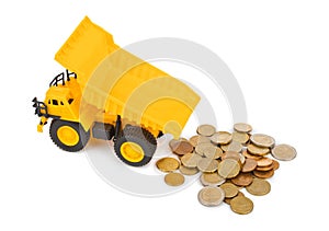 Toy car truck and money coins