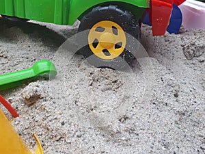 toy car wheel in the sand.