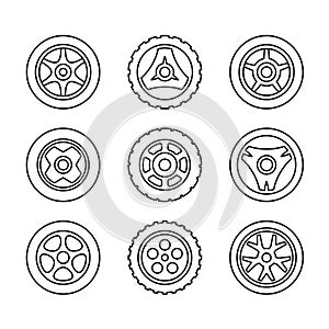 Toy car wheels set. Outline style vehicle disks with tyres.