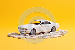 Toy car and wooden blocks on a yellow background. Generative AI