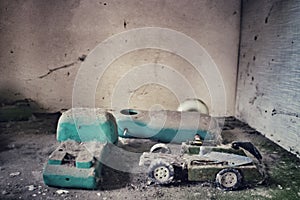 Toy cars in an abandoned building in Pripyat, Chernobyl exclusion zone