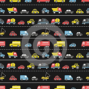 Toy Cars Seamless Pattern. Different toy cars: firefighters car, truck, taxi, bus, concrete mixer truck, garbage truck