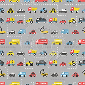 Toy Cars. Seamless Pattern. Road Traffic Print. Different toy cars: firefighters car, truck, taxi, bus, truck