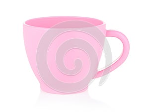 Toy children`s mug pink close-up. Isolate of a plastic mug on a white background. Layout for the designer. Catalog of children`s