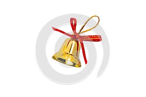 Toy for the Christmas tree branches in the form of a golden bell with a red satin bow and a loop of shiny thread for hanging