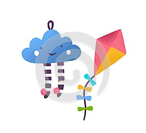 Toy cloud and kite flat vector illustration. Colorful childish playthings. Kid game attributes. Smiling cloud