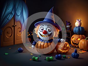 Toy clown character in kid\'s room with Halloween decorations