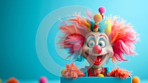 Toy Clown with Colorful Wig Smiling Happily. April Fool\'s Day concept