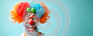 Toy Clown with Colorful Wig Smiling Happily. April Fool\'s Day concept