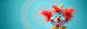 Toy Clown with Colorful Wig Smiling Happily. April Fool\'s Day concept