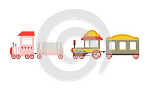 Toy Colorful Train or Locomotive as Rail Transport Vehicle with Wagon Vector Set