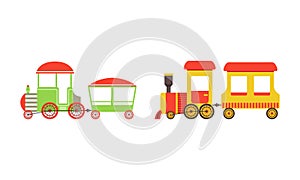 Toy Colorful Train or Locomotive as Rail Transport Vehicle with Wagon Vector Set