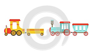 Toy Colorful Train or Locomotive as Rail Transport Vehicle with Wagon Vector Set