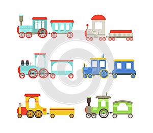 Toy Colorful Train or Locomotive as Rail Transport Vehicle with Wagon Vector Set