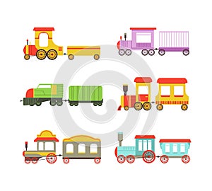 Toy Colorful Train or Locomotive as Rail Transport Vehicle with Wagon Vector Set