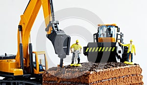 Toy construction machinery and worker with jackhammer work on chocolate biscuit cake sprinkled with chocolate chips. Concept of