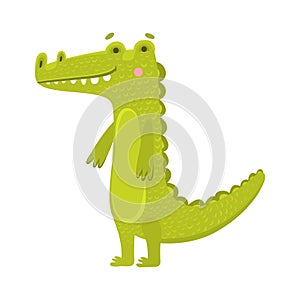 Toy crocodile flat vector illustration. Child toy, printing on children educational toys and puzzles. Smiling alligator, green