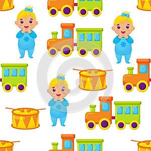 Toy cute doll, train and drum seamless pattern