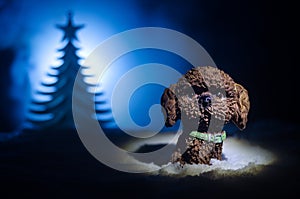 Toy dog - a symbol of the new year under the snow against the background of fir branches. Toy's dog as a symbol of 2018 New Year