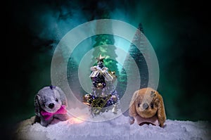 Toy dog - a symbol of the new year under the snow against the background of fir branches. Toy's dog as a symbol of 2018 New Year