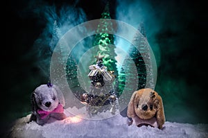 Toy dog - a symbol of the new year under the snow against the background of fir branches. Toy's dog as a symbol of 2018 New Year