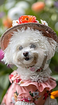 Toy dog wearing hat and dress, companion of a carnivore