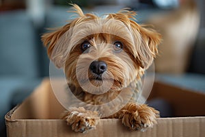 A Toy dog, Yorkipoo, is relaxing in a cardboard box, gazing at the camera