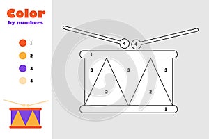 Toy drum in cartoon style, color by number, education paper game for the development of children, coloring page, kids preschool