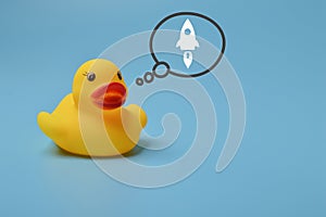 Toy duck and rocket symbol. Start up and business target achievement concept