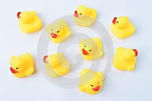 Toy ducks heading with different directions. Business innovation, unique and think different concept