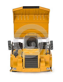 Toy dump truck with upped open-box bed front view. Children`s toy plastic haul truck car with isolated on white