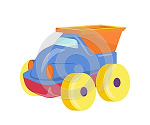 Toy dumping truck for children game on playground, at home or in kindergarten vector illustration
