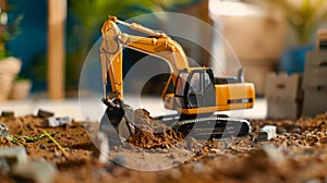 Toy Excavator Digging Dirt in a Yard