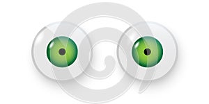 Toy eyes vector illustration. Wobbly plastic open green eyeballs of dolls looking forward round parts with black pupil