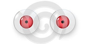 Toy eyes vector illustration. Wobbly plastic open red eyeballs of dolls looking forward round parts with black pupil