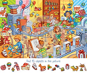 Toy factory. Find 15 objects in the picture