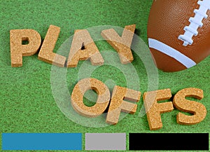 Toy football on grass background with red white and blue color bars across the bottom to match a football league team.