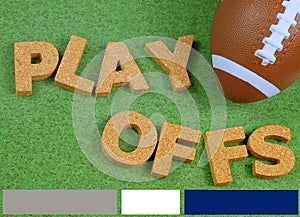 Toy football on grass background with red white and blue color bars across the bottom to match a football league team.