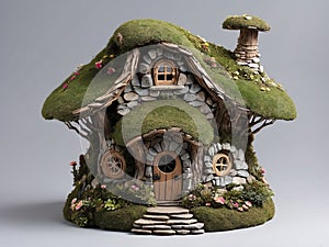 A toy forest house covered with green moss.