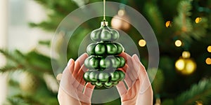 A toy in the form of a Christmas tree in hands. Christmas background. Generative AI