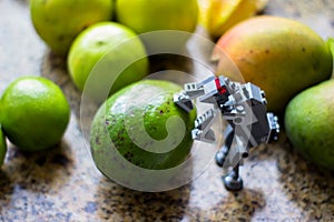 Toy with fresh fruits on table