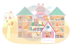 Toy and gift shop for kids. Store for children vector illustration. Shelves with dolls, balls, bear, cars, robot, train