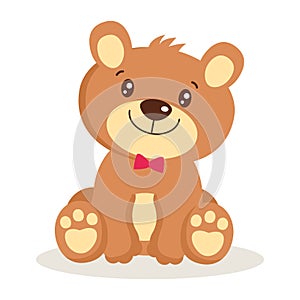 Toy for girls. Cute cartoon teddy bear puppies sitting vector illustration. Little bear character isolated.