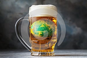 The toy globe is drowning in a mug of beer. The concept of alcoholism around the world