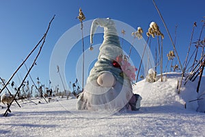 A toy gnome in a cap on the snow, a winter toy gnome sits in a white snowdrift