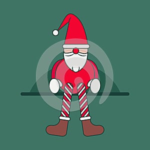 A toy gnome or elf of Santa Claus with long legs sits on a shelf. Bright New Year's character. Christmas holiday