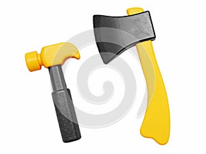 Toy hammer and ax isolated on white photo