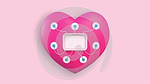 Toy heart with holter and sensors on a light pink background. Electro Cardiogram. Heartbeats